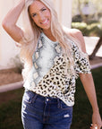 Two-Tone Animal Print Cutout Tee - Online Only