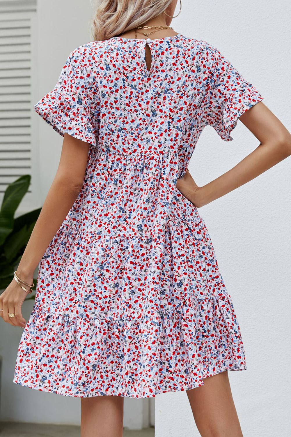 Ditsy Floral Flounce Sleeve Tiered Dress - Online Only