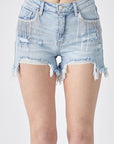 RISEN Frayed Hem Denim Shorts with Fringe Detail Pockets