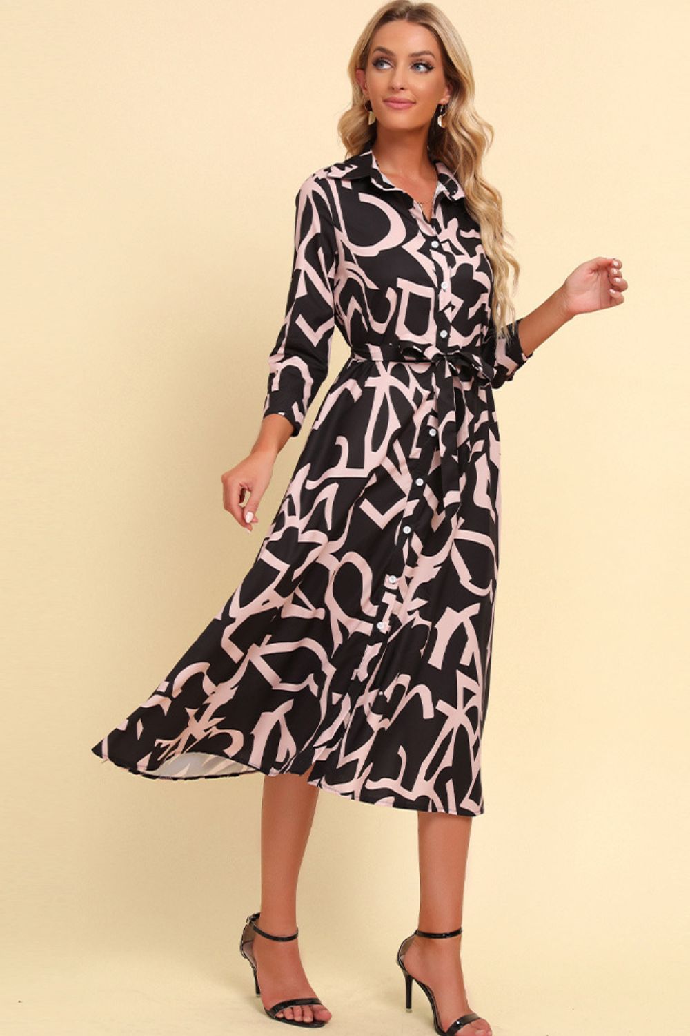 Printed Button Front Belted Midi Dress - Online Only