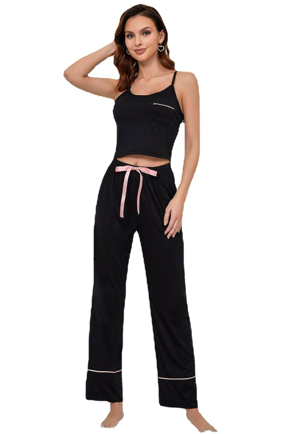 Contrast Trim Cropped Cami and Pants Loungewear Set - Online Only