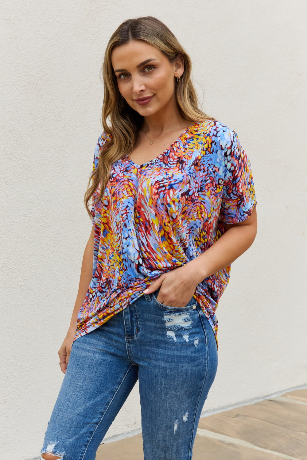 Be Stage Full Size Printed Dolman Flowy Top - Online Only