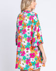 GeeGee Full Size Floral Round Neck Lantern Sleeve Mini Dress