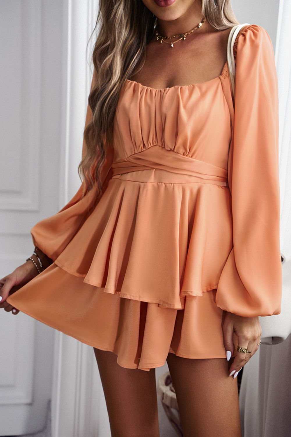 Long Balloon Sleeve Layered Romper - Online Only