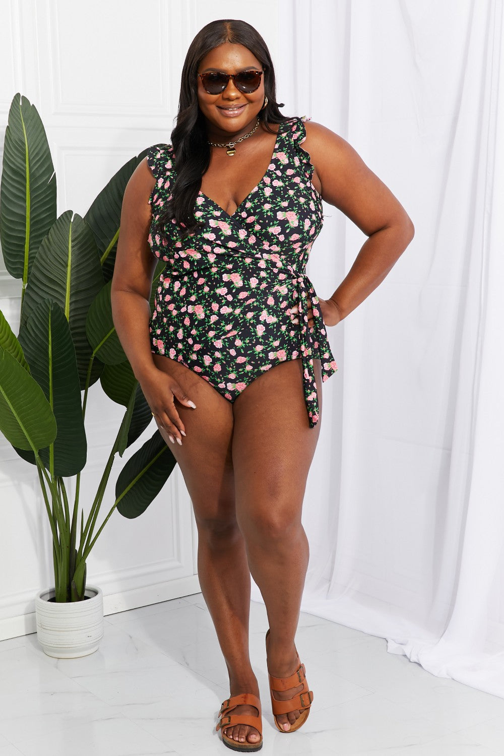Marina West Swim Full Size Float On Ruffle Faux Wrap One-Piece in Floral - Online Only