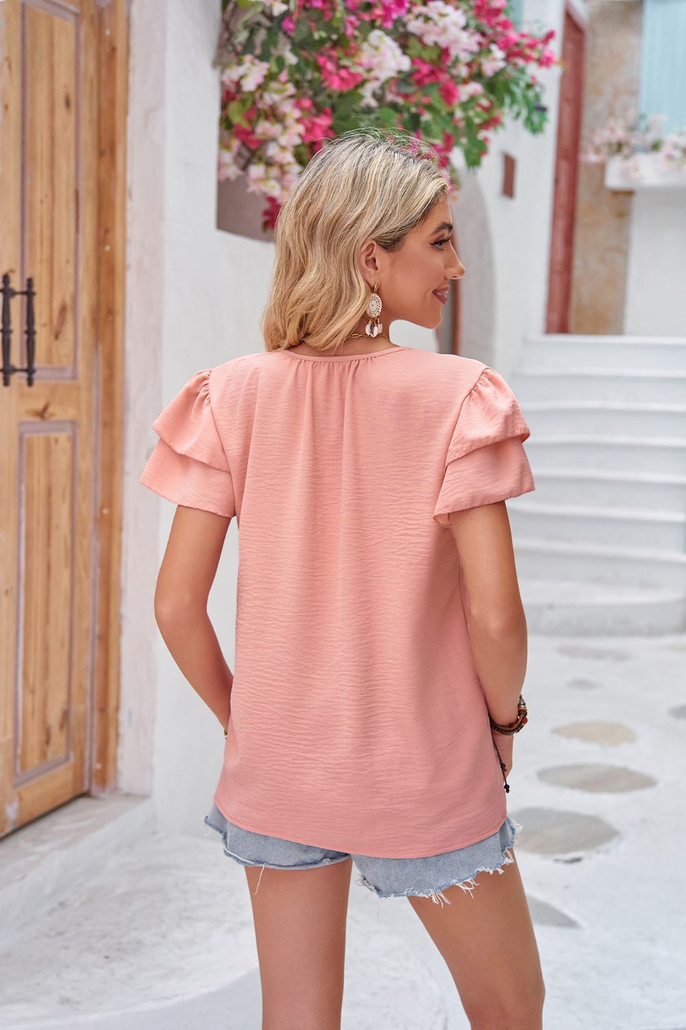 Layered Flutter Sleeve Tie Neck Top - Online Only