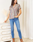 Double Take Multicolored Stripe Notched Neck Top