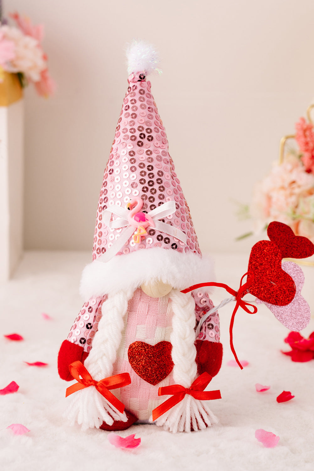 Valentine&#39;s Day Sequined Heart Pointed Hat Faceless Gnome - Online Only