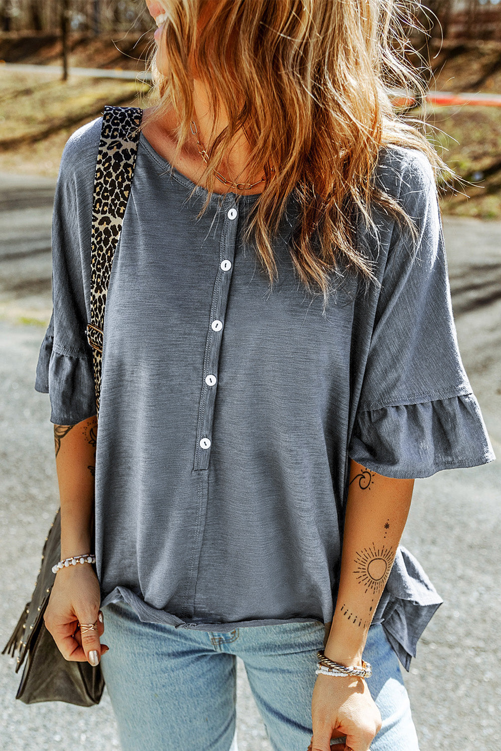 Button Front Flounce Sleeve Tee - Online Only