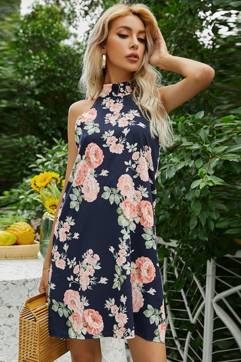 Floral Tied Sleeveless Grecian Neck Mini Dress - Online Only