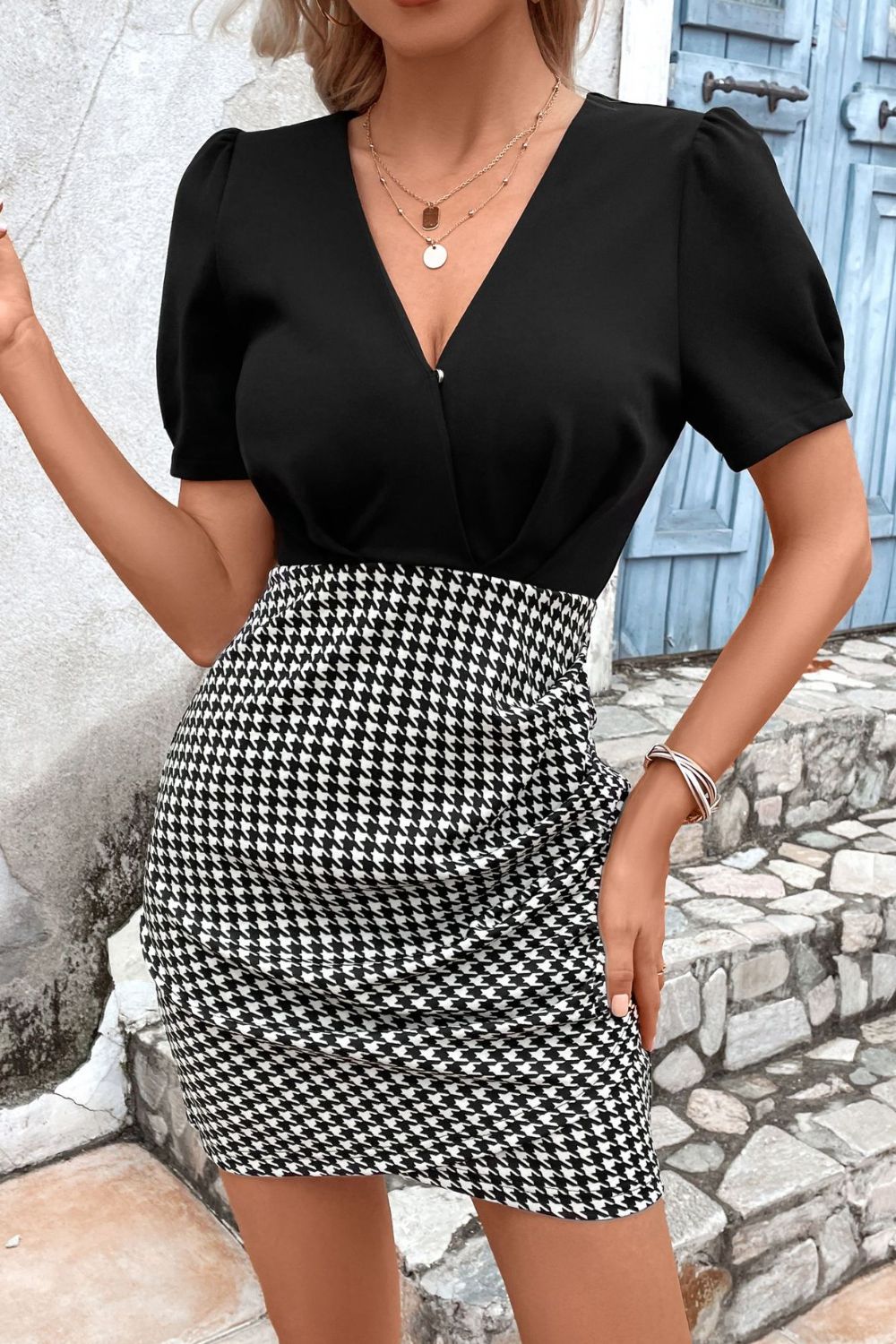 Houndstooth Surplice Neck Puff Sleeve Dress - Online Only