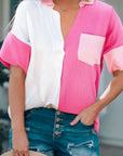 Color Block Textured Johnny Collar Blouse - Online Only