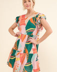 And The Why Printed Double Ruffle Sleeve Dress