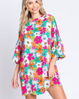 GeeGee Full Size Floral Round Neck Lantern Sleeve Mini Dress