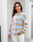 Round Neck Long Sleeve Color Block Dropped Shoulder Pullover Sweater - Online Only