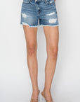 RISEN Stepped Waist Frayed Denim Shorts