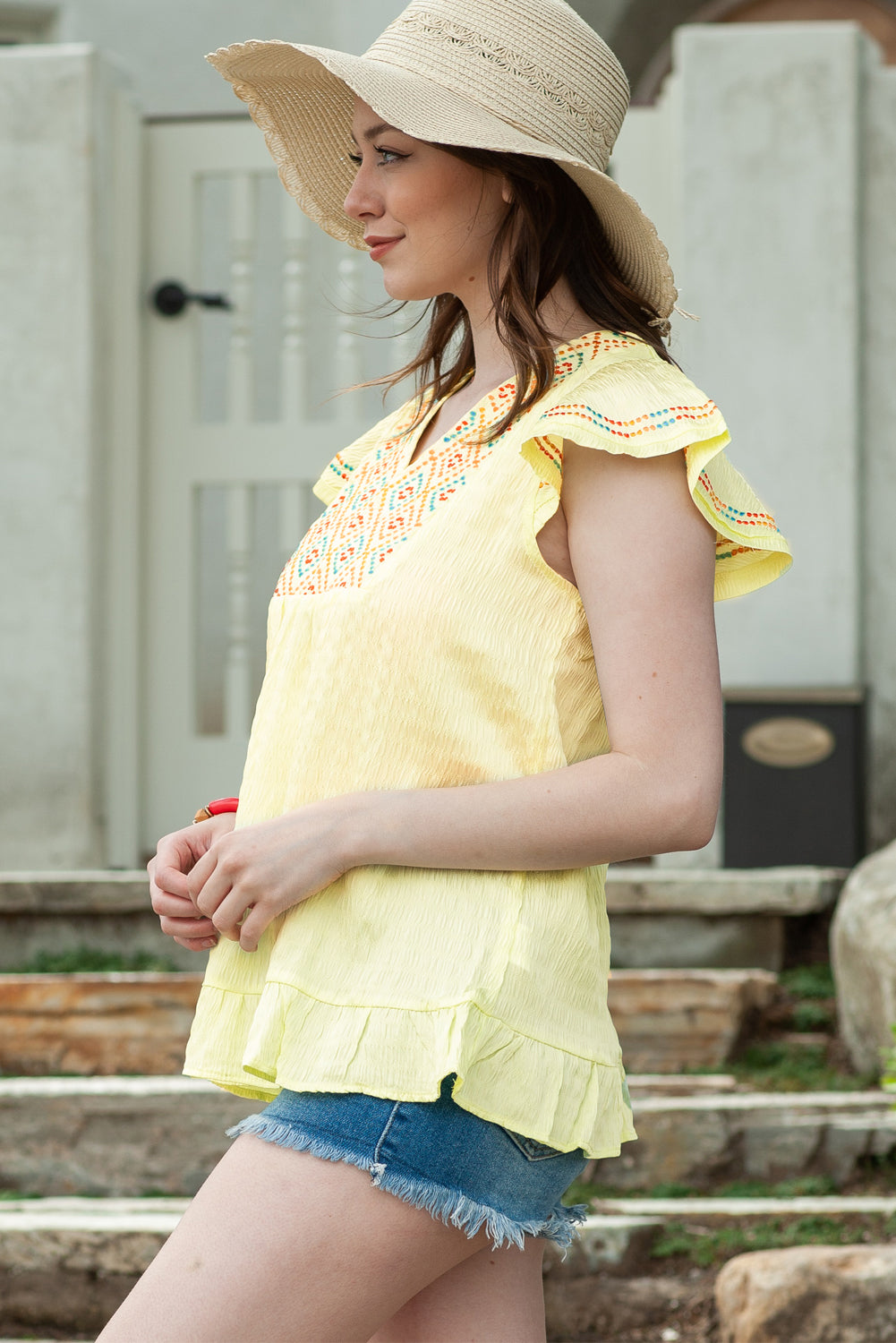 Embroidered V-Neck Ruffle Hem Top - Online Only