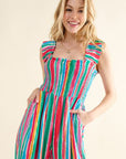 And The Why Full Size Striped Smocked Sleeveless Jumpsuit