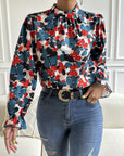 Floral Mock Neck Long Flounce Sleeve Blouse - Online Only