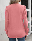 Ruched Notched Neck Puff Sleeve Smocked Wrist Blouse - Online Only
