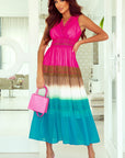 Color Block Lace Trim V-Neck Midi Dress - Online Only