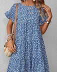 Floral Round Neck Flounce Sleeve Dress - Online Only