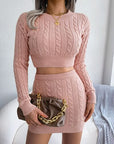 Cable-Knit Round Neck Top and Skirt Sweater Set