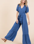 GeeGee Full Size V-Neck Belted Wide Leg Jumpsuit