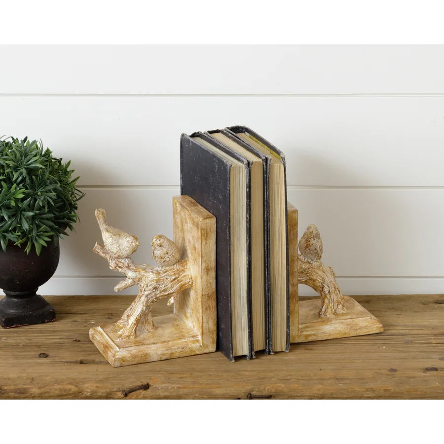 Gold Distressed Birds On Branch Bookends