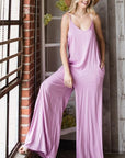 Veveret Pocketed Spaghetti Strap V-Neck Wide Leg Jumpsuit