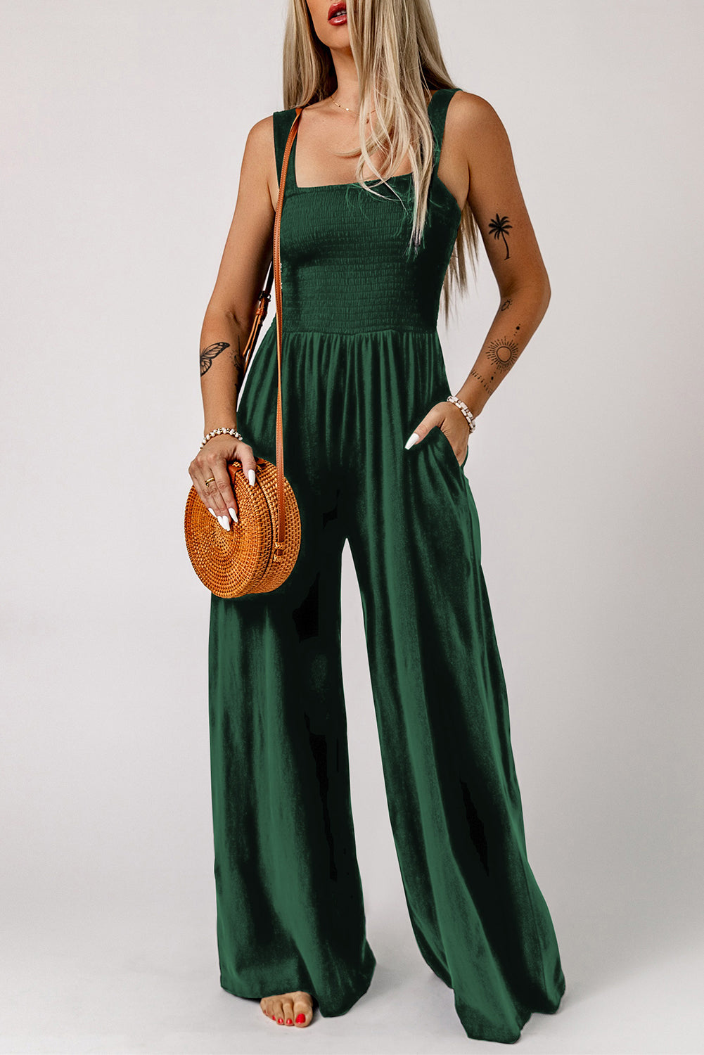 Smocked Square Neck Wide Leg Jumpsuit with Pockets - Online Only