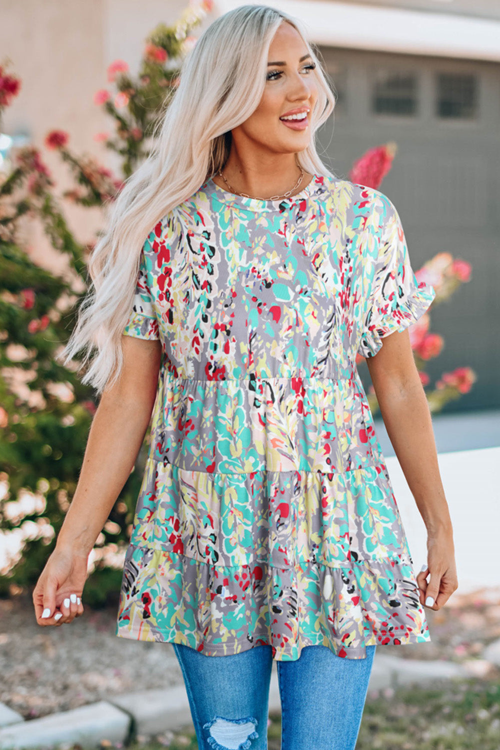 Floral Flounce Sleeve Tiered Blouse - Online Only