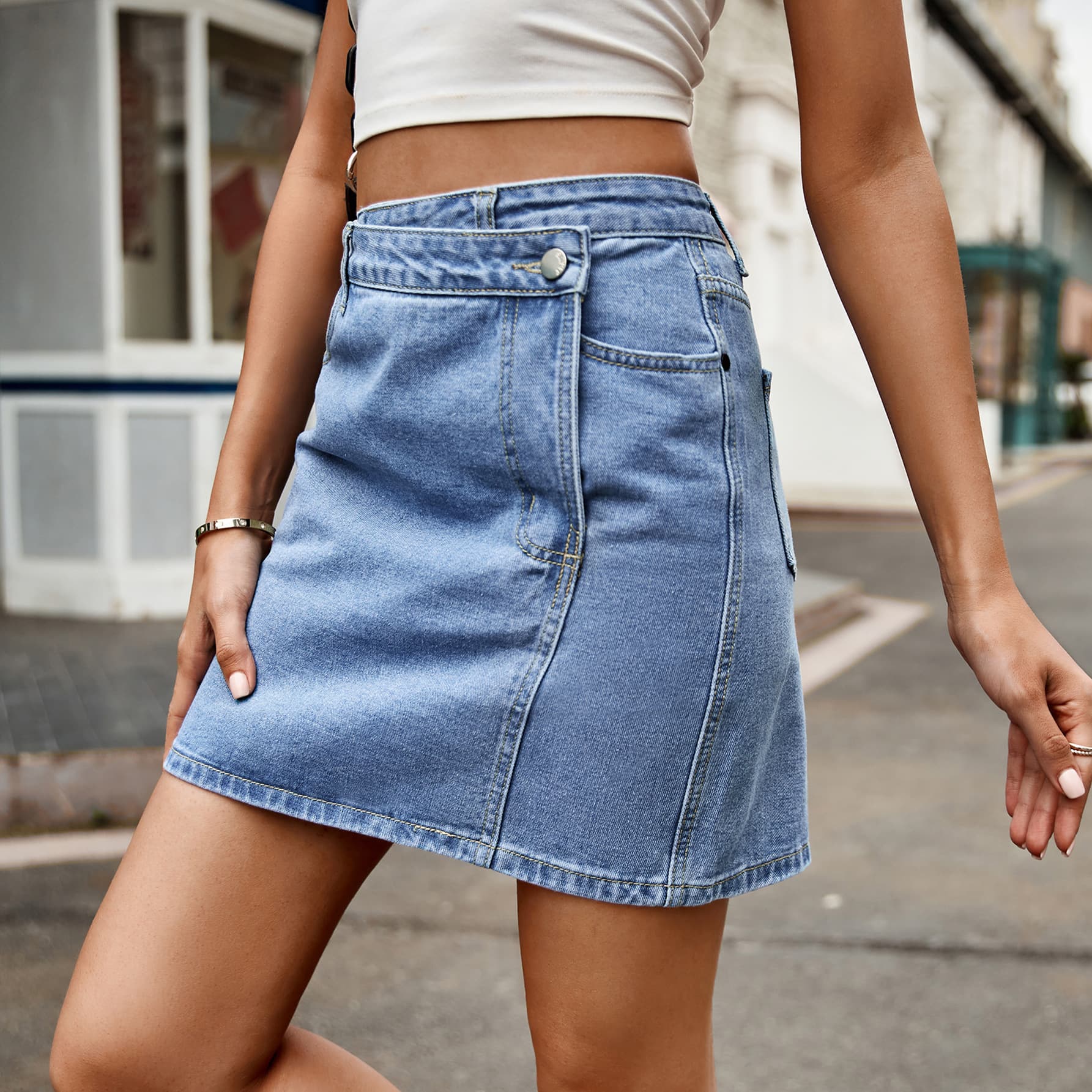 Asymmetrical Denim Mini Skirt - Online Only