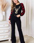 Heimish Full Size Sequin Reindeer Graphic Plaid Top