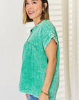 Zenana Washed Raw Hem Short Sleeve Blouse with Pockets