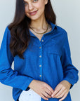 Doublju Blue Jean Baby Denim Button Down Shirt Top in Dark Blue - Online Only