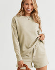 Double Take Full Size Texture Long Sleeve Top and Drawstring Shorts Set