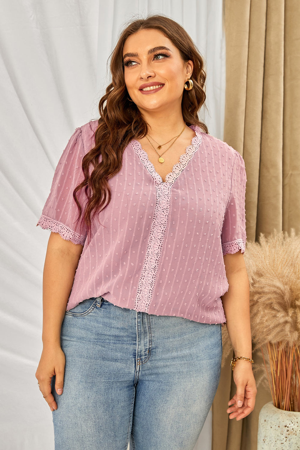 Plus Size Swiss Dot Spliced Lace V-Neck Blouse - Online Only