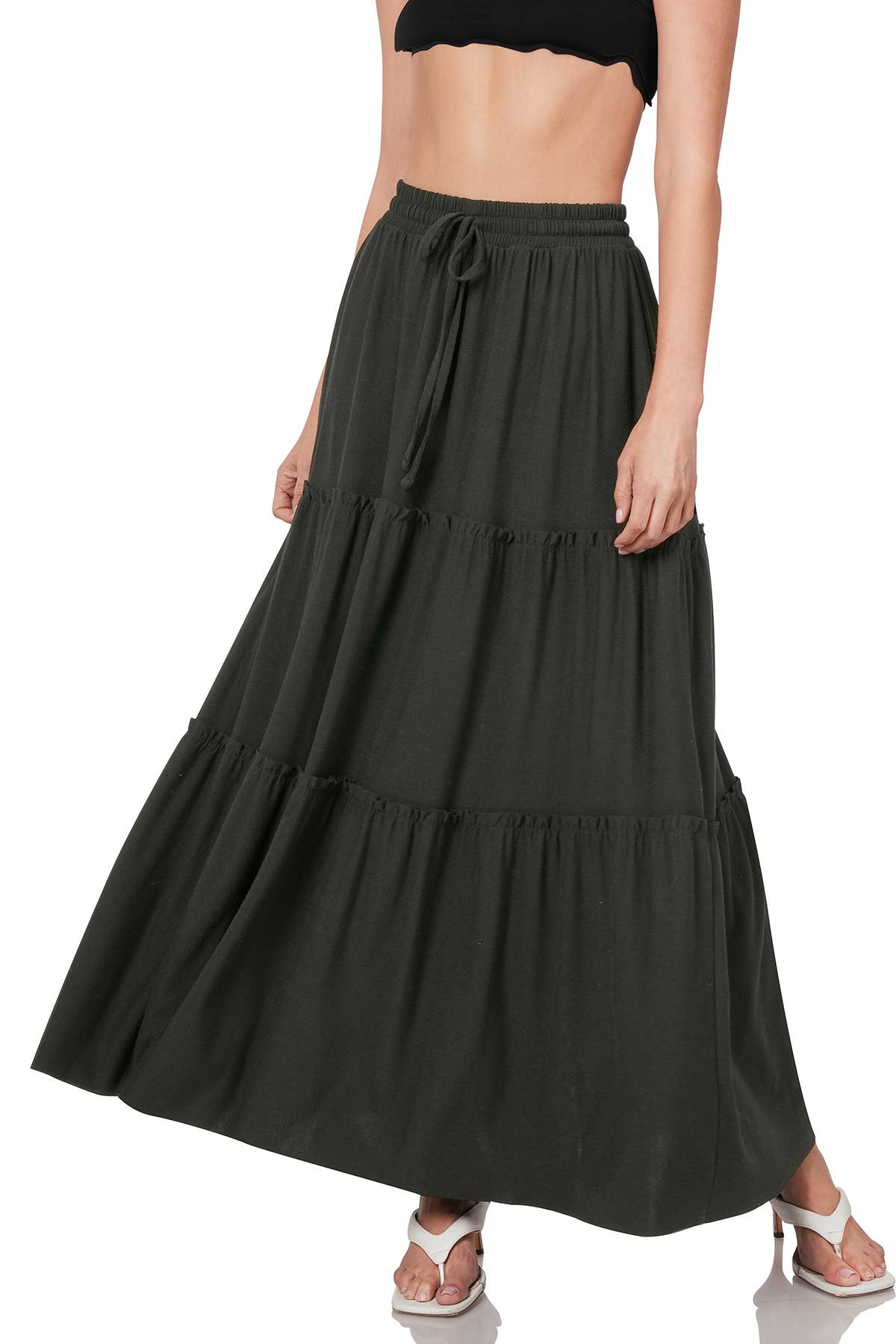 Drawstring Waist Ruffle Skirt in Black