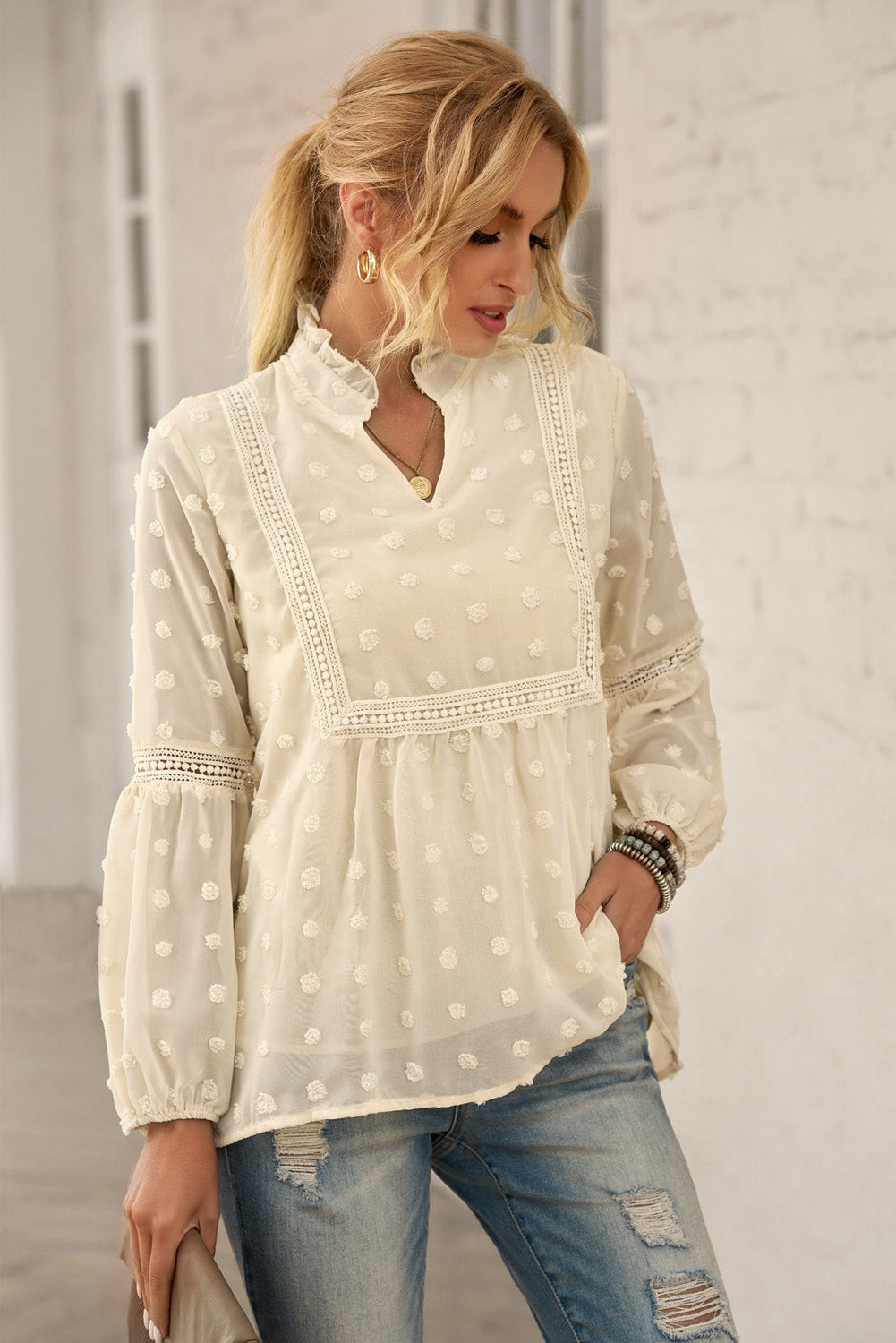 Swiss Dot Frilled Notched Neck Blouse - Online Only