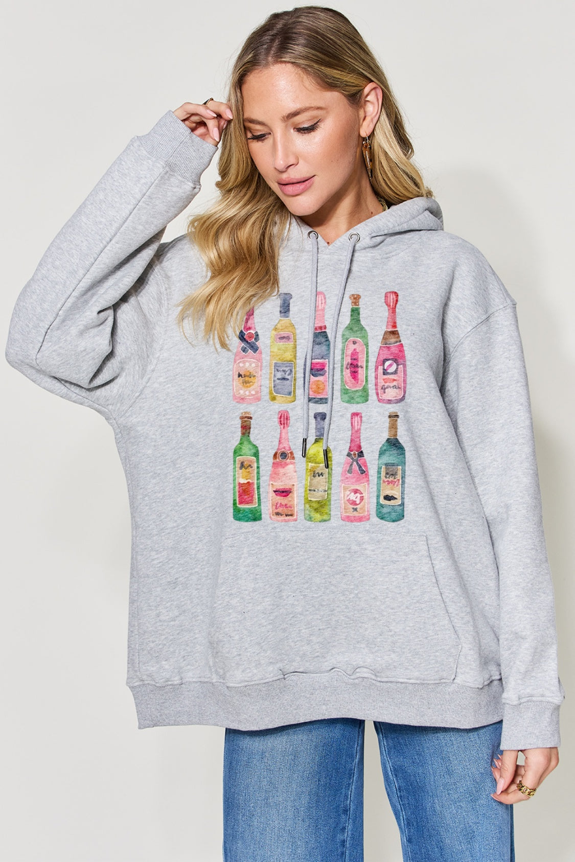 Simply Love Poppin Bottles Full Size Graphic Long Sleeve Drawstring Hoodie