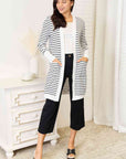 Double Take Striped Open Front Longline Cardigan