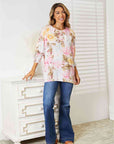 Double Take Floral Round Neck Three-Quarter Sleeve Top