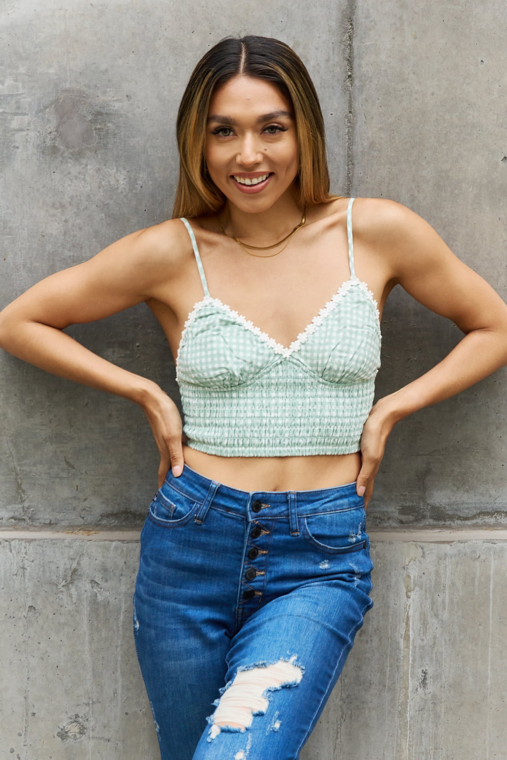Leto Gingham Daisy Trim Smocked Bustier in Sage - Online Only