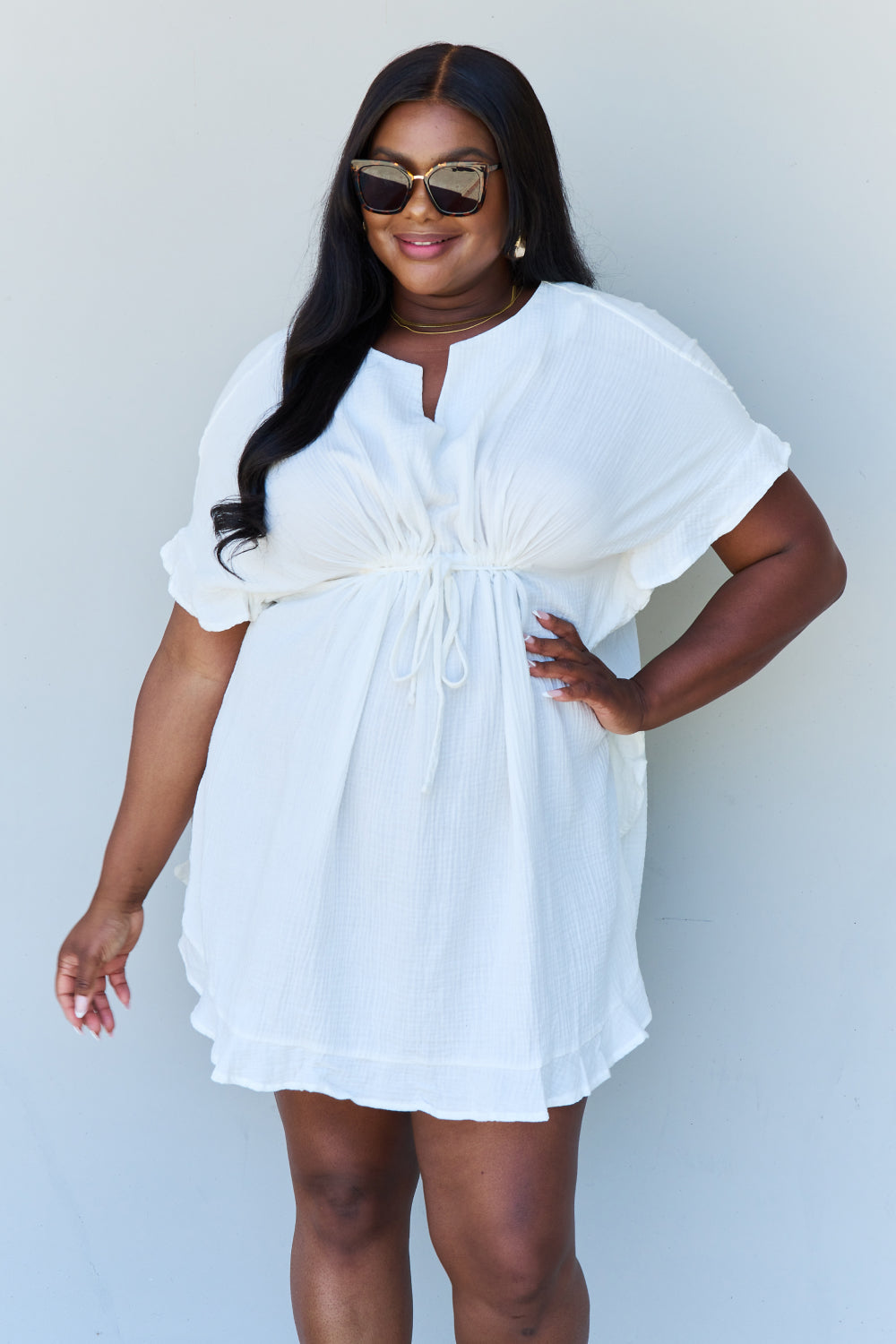 Ninexis Out Of Time Ruffle Hem Dress with Drawstring Waistband in White - Online Only