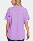 Zenana Exposed Seam Half Button Short Sleeve Top