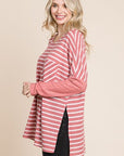 Culture Code Oversize Striped Round Neck Long Sleeve Slit T-Shirt