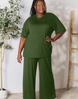 Double Take Full Size Round Neck Slit Top and Pants Set