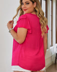 Plus Size Notched Neck Buttoned Flutter Sleeve Blouse - Online Only