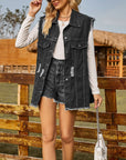 Sleeveless Button-Up Collared Denim Top with Pockets - Online Only